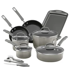 14pc Hard Enamel Nonstick Cookware Set, Sea Salt Gray