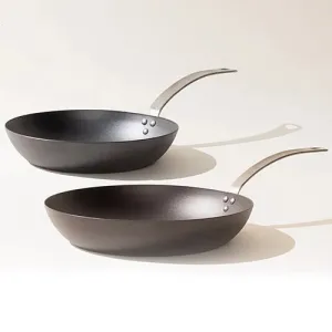 2pc Blue Carbon Steel Seasoned Fry Pan Set