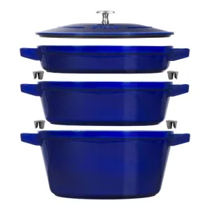 4pc Cast Iron Stackable Cookware Set, Dark Blue