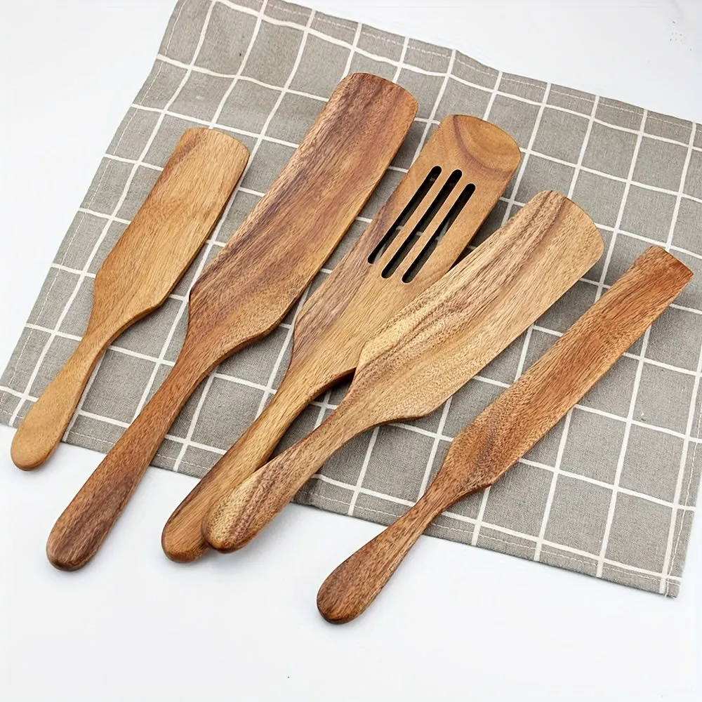 5-Piece Natural Acacia Wood Cookware Set - Premium Quality Cooking Essentials for Healthy Meals - Includes Spatula, Salad Hand, Mixer, and Spurtles for Effortless Food Preparation and Serving