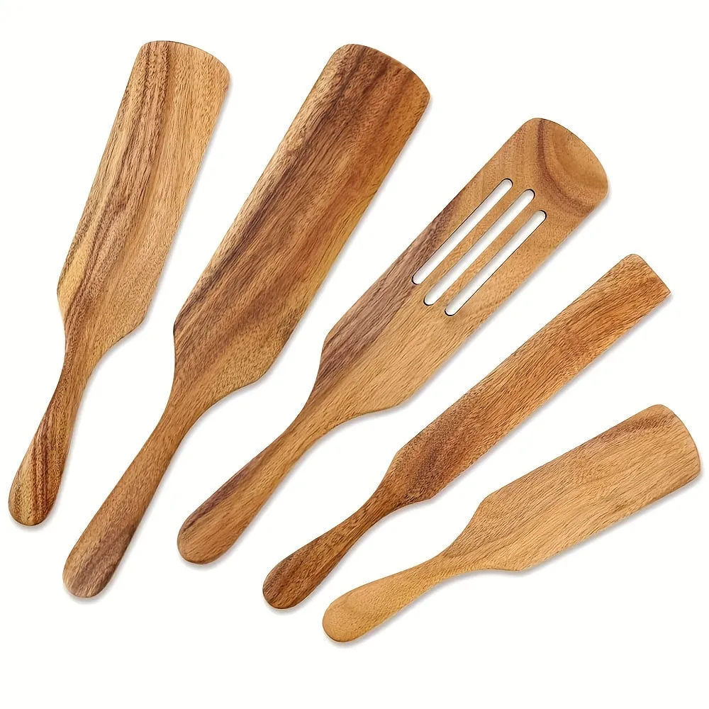 5-Piece Natural Acacia Wood Cookware Set - Premium Quality Cooking Essentials for Healthy Meals - Includes Spatula, Salad Hand, Mixer, and Spurtles for Effortless Food Preparation and Serving