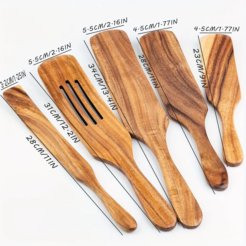 5-Piece Natural Acacia Wood Cookware Set - Premium Quality Cooking Essentials for Healthy Meals - Includes Spatula, Salad Hand, Mixer, and Spurtles for Effortless Food Preparation and Serving