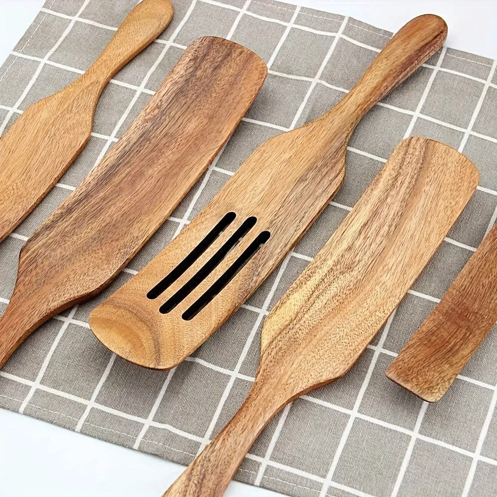 5-Piece Natural Acacia Wood Cookware Set - Premium Quality Cooking Essentials for Healthy Meals - Includes Spatula, Salad Hand, Mixer, and Spurtles for Effortless Food Preparation and Serving