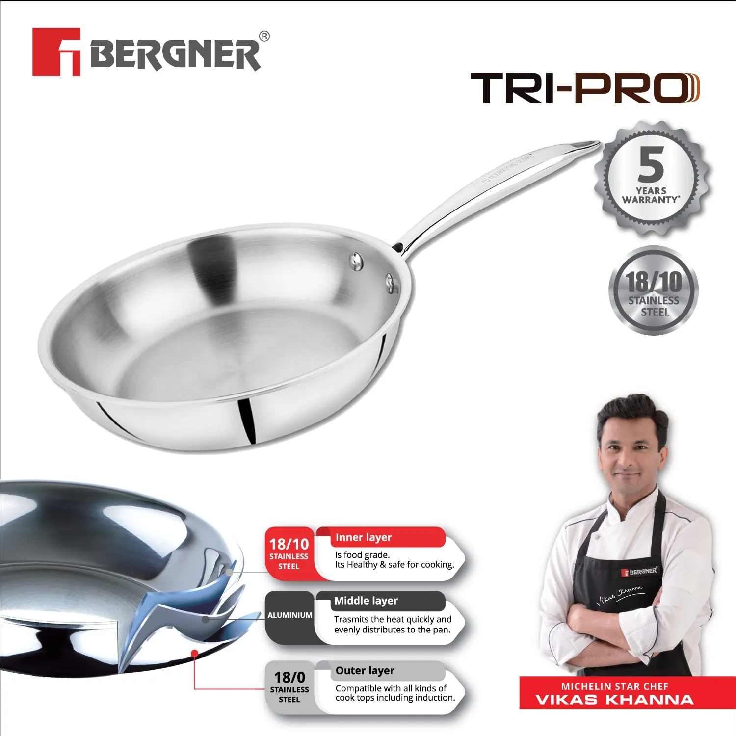 Bergner Tripro Triply 3 Pc Cookware Set, 22 cm Deep Kadai, 20 cm Fry Pan, 1X Stainless Steel Lid, Stay Cool Handles, Induction & Gas Ready, Multi-Layer Polish Surface, 5-Year Warranty