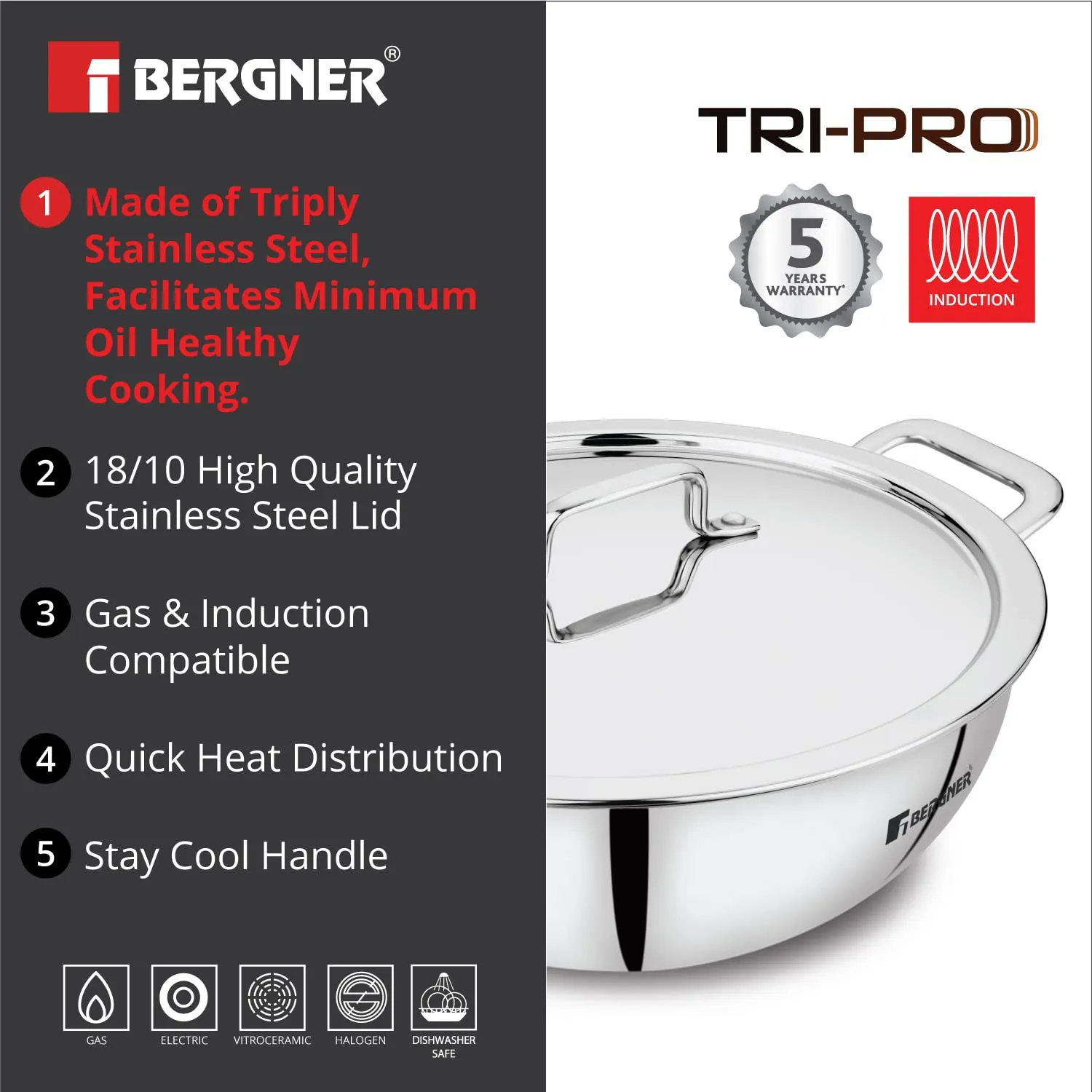 Bergner Tripro Triply 3 Pc Cookware Set, 22 cm Deep Kadai, 20 cm Fry Pan, 1X Stainless Steel Lid, Stay Cool Handles, Induction & Gas Ready, Multi-Layer Polish Surface, 5-Year Warranty