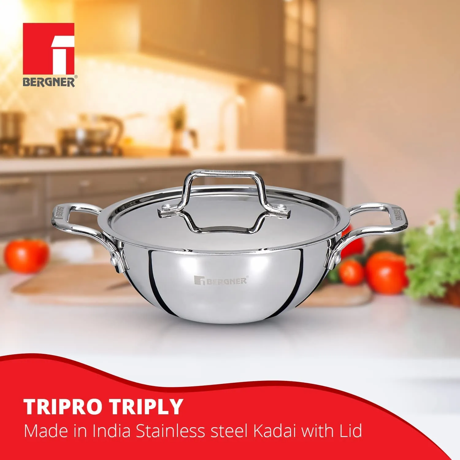 Bergner Tripro Triply 3 Pc Cookware Set, 22 cm Deep Kadai, 20 cm Fry Pan, 1X Stainless Steel Lid, Stay Cool Handles, Induction & Gas Ready, Multi-Layer Polish Surface, 5-Year Warranty