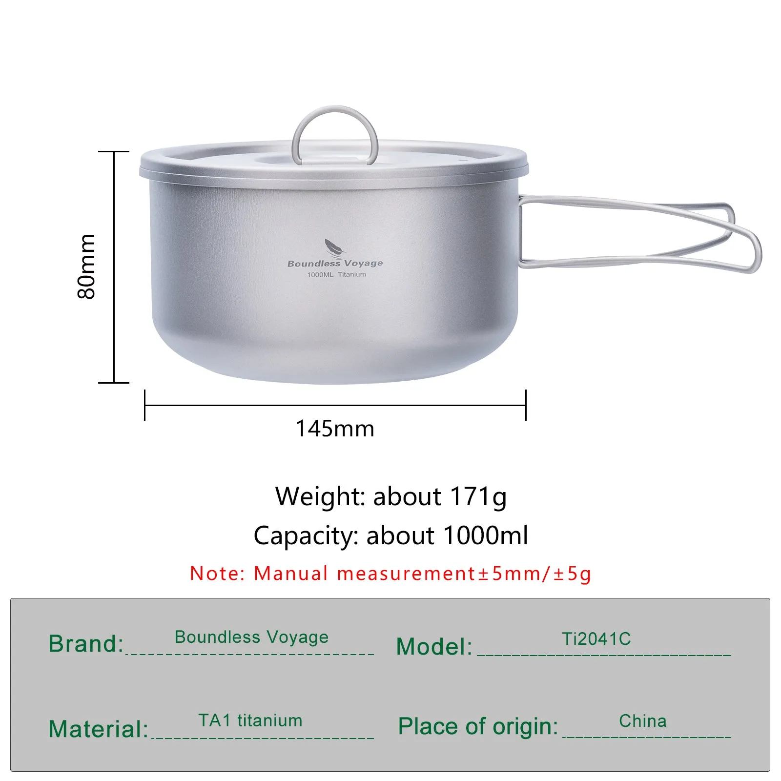 Boundless Voyage 1000ml Titanium Pot with Lid Outdoor Camping Individual Soldier Pot Single Layer Lunch Box with Folding Handle Portable Backpacking