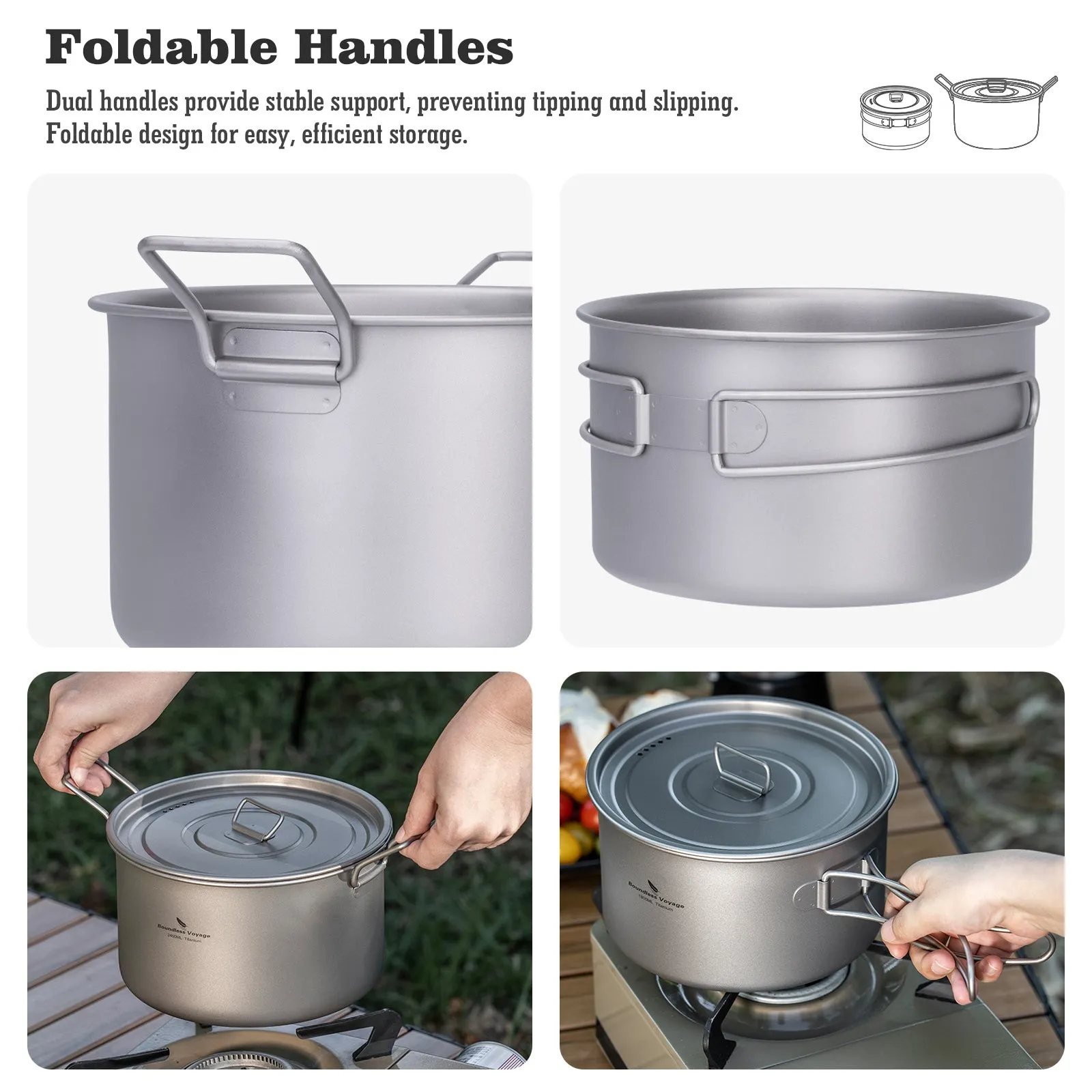 Boundless Voyage Lightweight 1800ml Titanium Pot Outdoor Portable Cooking Set hiking Backpacking Pot for Hiking Trekking Picnic Fishing Mountaineering