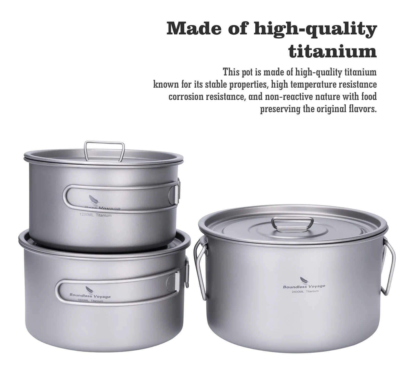 Boundless Voyage Lightweight 1800ml Titanium Pot Outdoor Portable Cooking Set hiking Backpacking Pot for Hiking Trekking Picnic Fishing Mountaineering