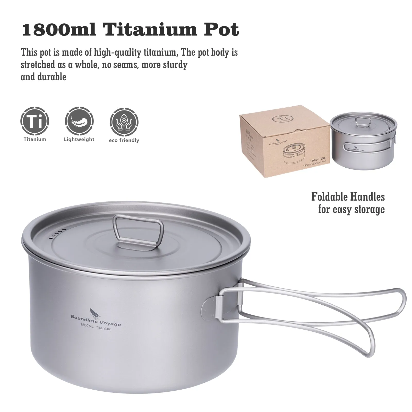 Boundless Voyage Lightweight 1800ml Titanium Pot Outdoor Portable Cooking Set hiking Backpacking Pot for Hiking Trekking Picnic Fishing Mountaineering