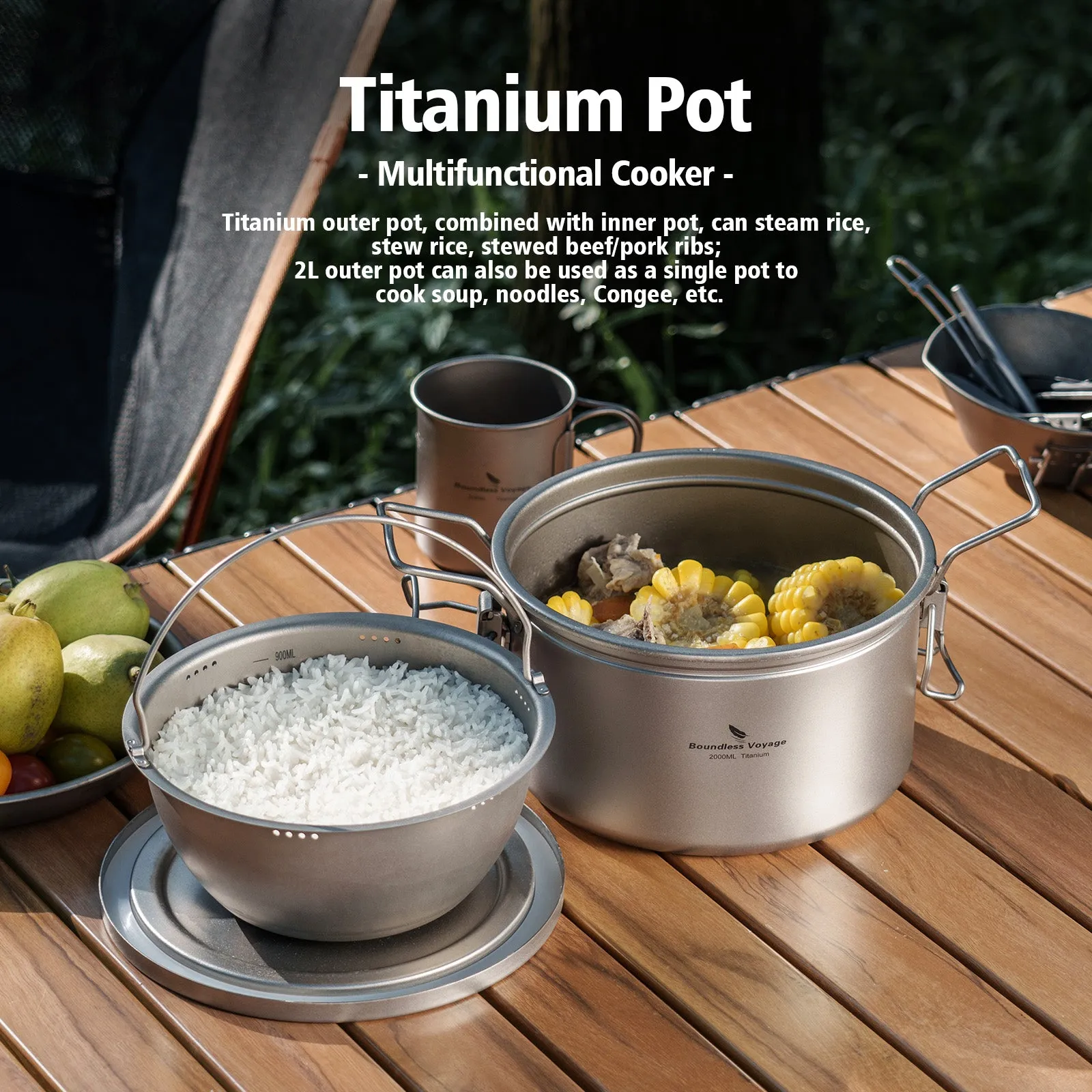 Boundless Voyage Titanium Pot Multifunctional Cooker Ultralight Rice Cooker Outdoor Cookware