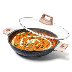 CAROTE 24cm/2.4L Non Stick Kadai, Induction Kadai, Granite Stone Kadhai with Lid, Deep Frying Pan, Kadai with Lid for Cooking, Biryani Pot