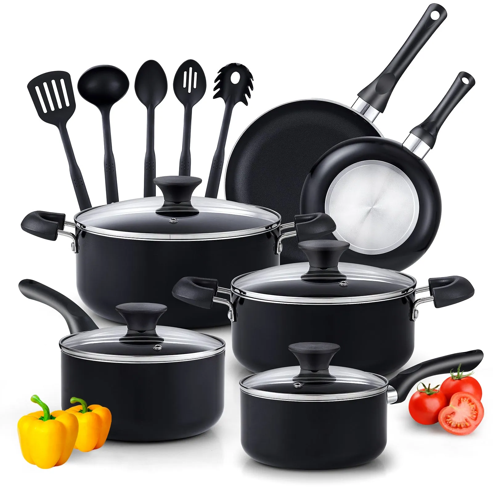 Cook N Home Pots and Pans Nonstick Cooking Set includes Saucepan Frying Pan Kitchen Cookware Set 15-Piece, Stay Cool Handle, Black