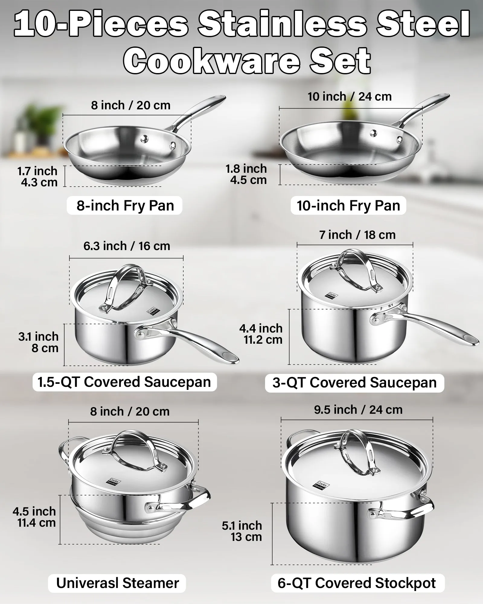 Cooks Standard Classic Stainless Steel Cookware Set 10-Pieces, 18/10 Stainless Steel Pots and Pans Kitchen Cooking Set, Silver