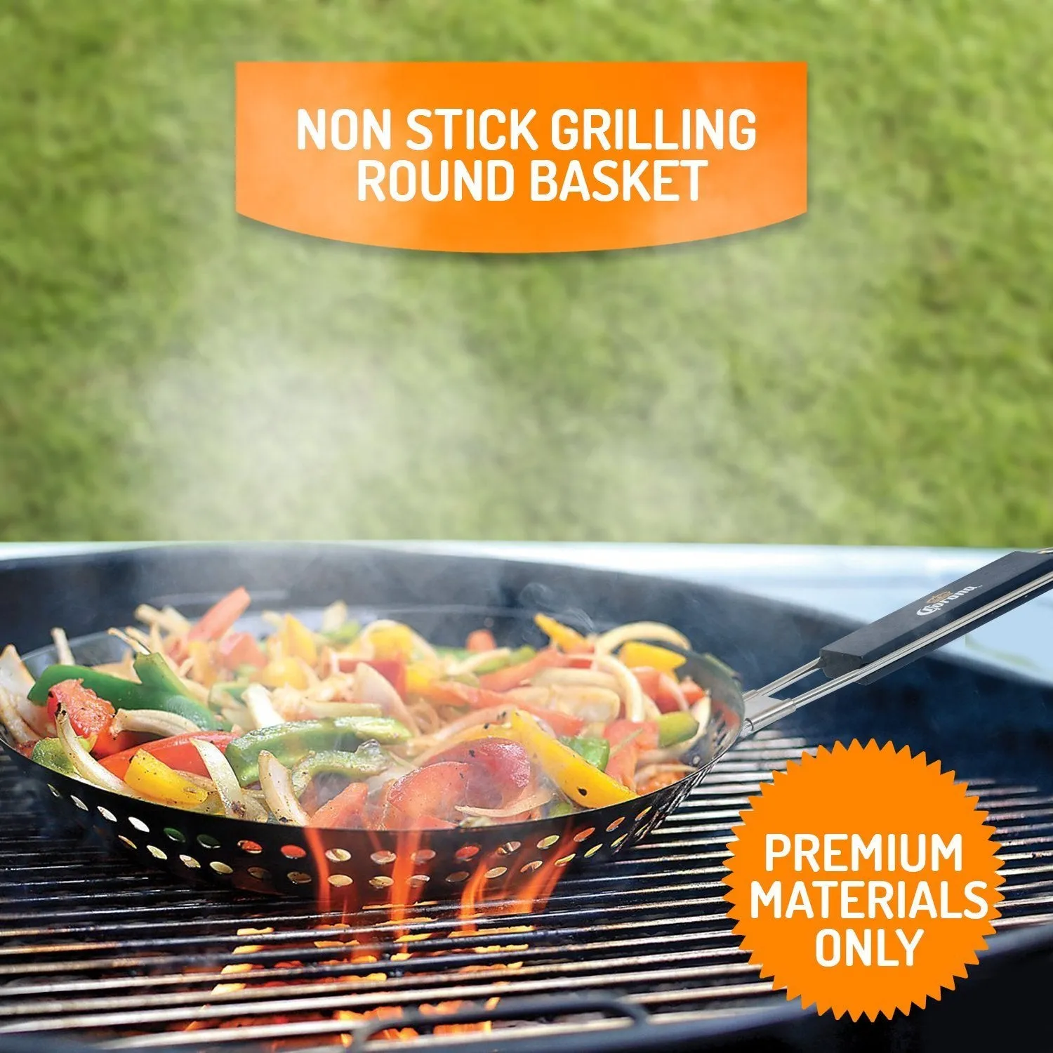 Corona BBQ Grill Accessories Set &ndash; Round 12&rdquo; sized Grilling Basket for Fish, Meat and Vegetable Bbq Grill Stainless Steel Basket with Folding Wood Grip Handle Perfect for Camping Cookware Set