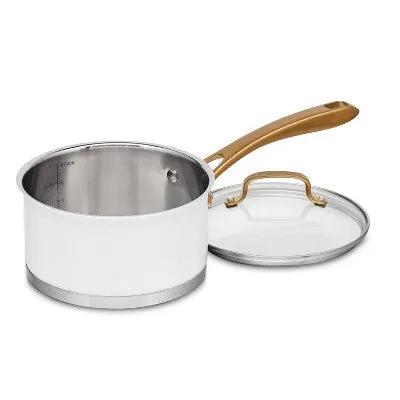 Cuisinart Classic 2.5qt Stainless Steel Saucepan with Cover and Brushed Gold Handles Matte White