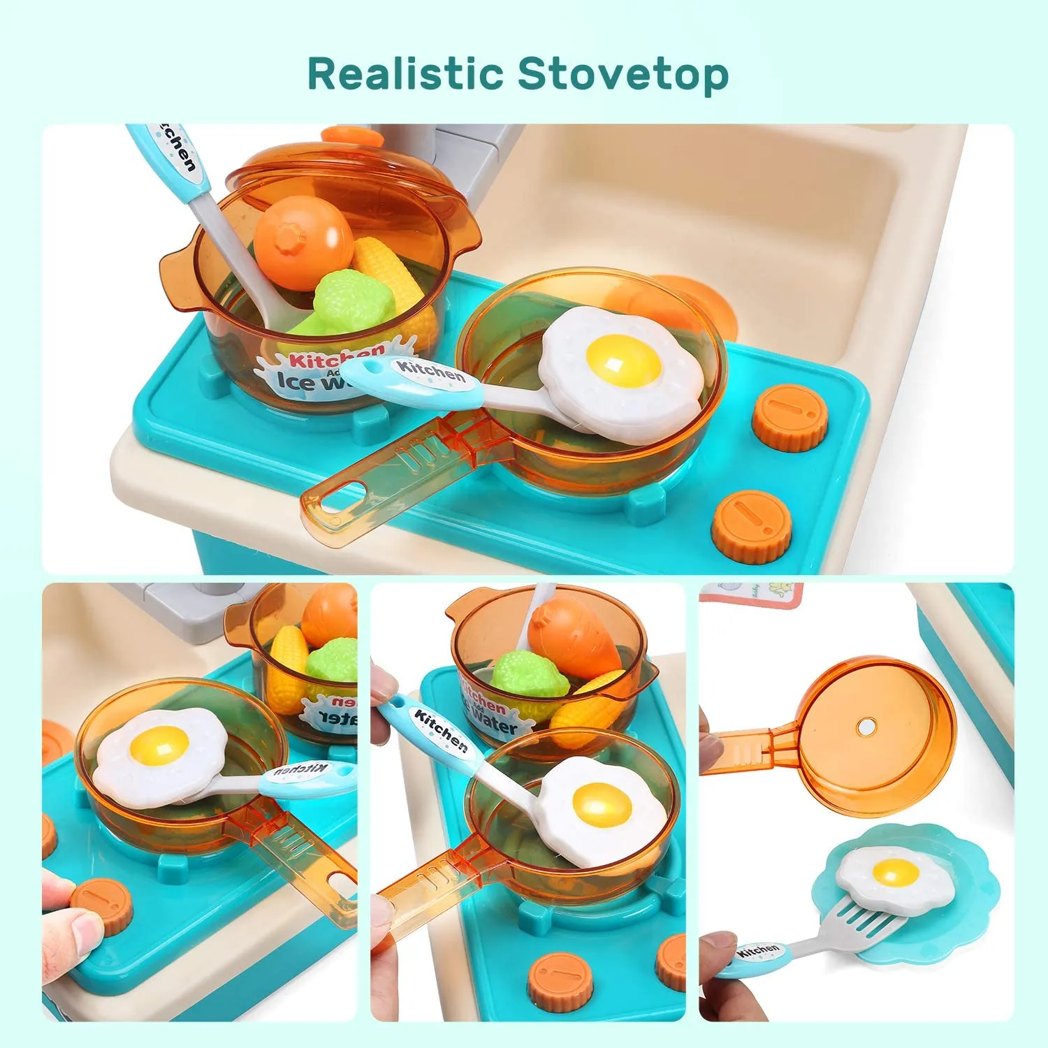 CUTE STONE Pretend Play Kitchen Sink Toys Cooking Stove Cookware Pot and Pan