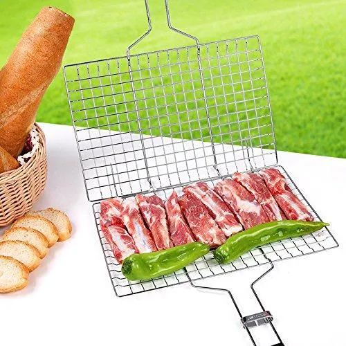 E-TECHING Portable Stainless Steel BBQ Barbecue Grilling Basket with Wooden Handle