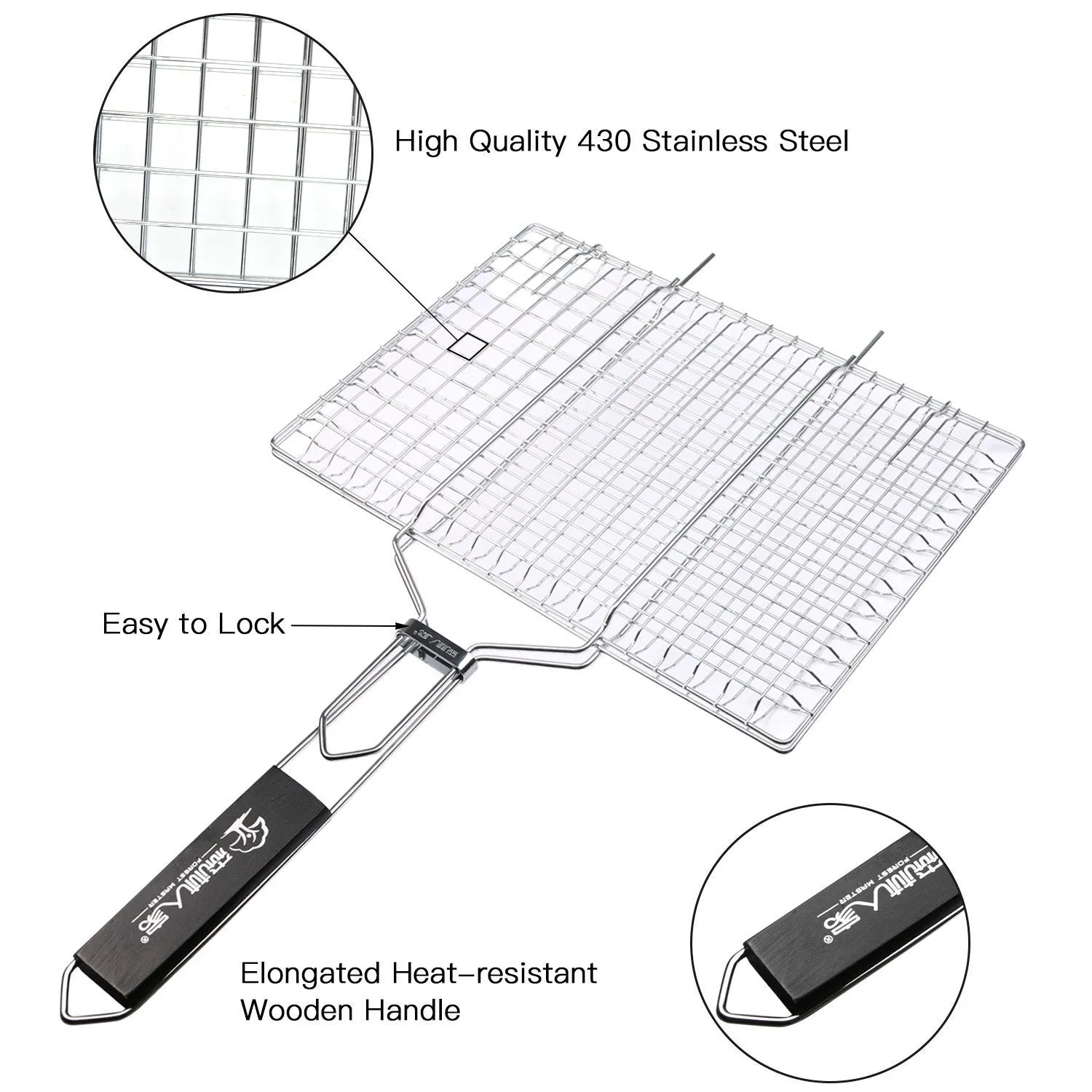 E-TECHING Portable Stainless Steel BBQ Barbecue Grilling Basket with Wooden Handle