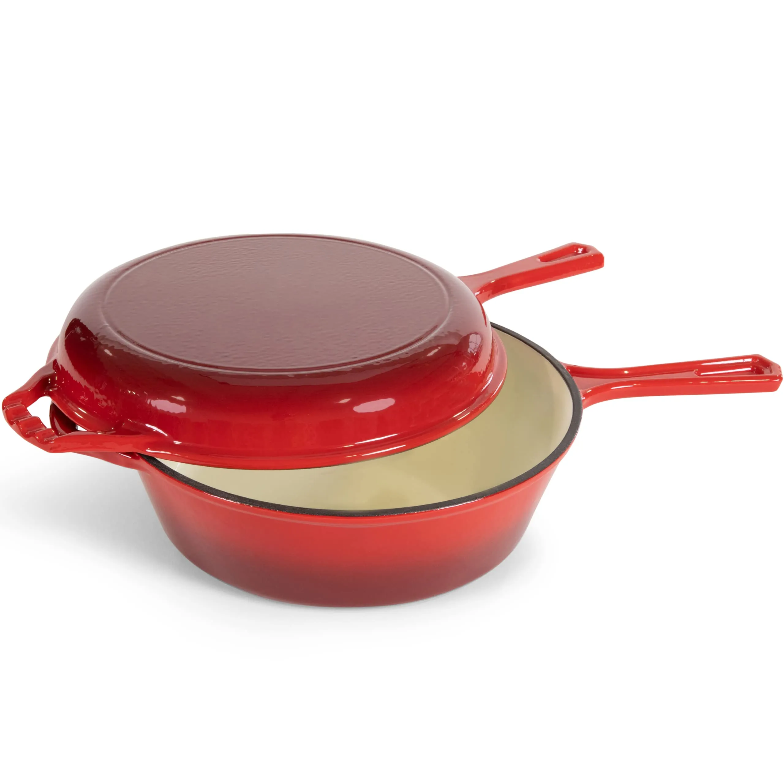 Enameled Red 2-In-1 Cast Iron Multi-Cooker By Heavy Duty 3 Quart Deep Skillet And Lid