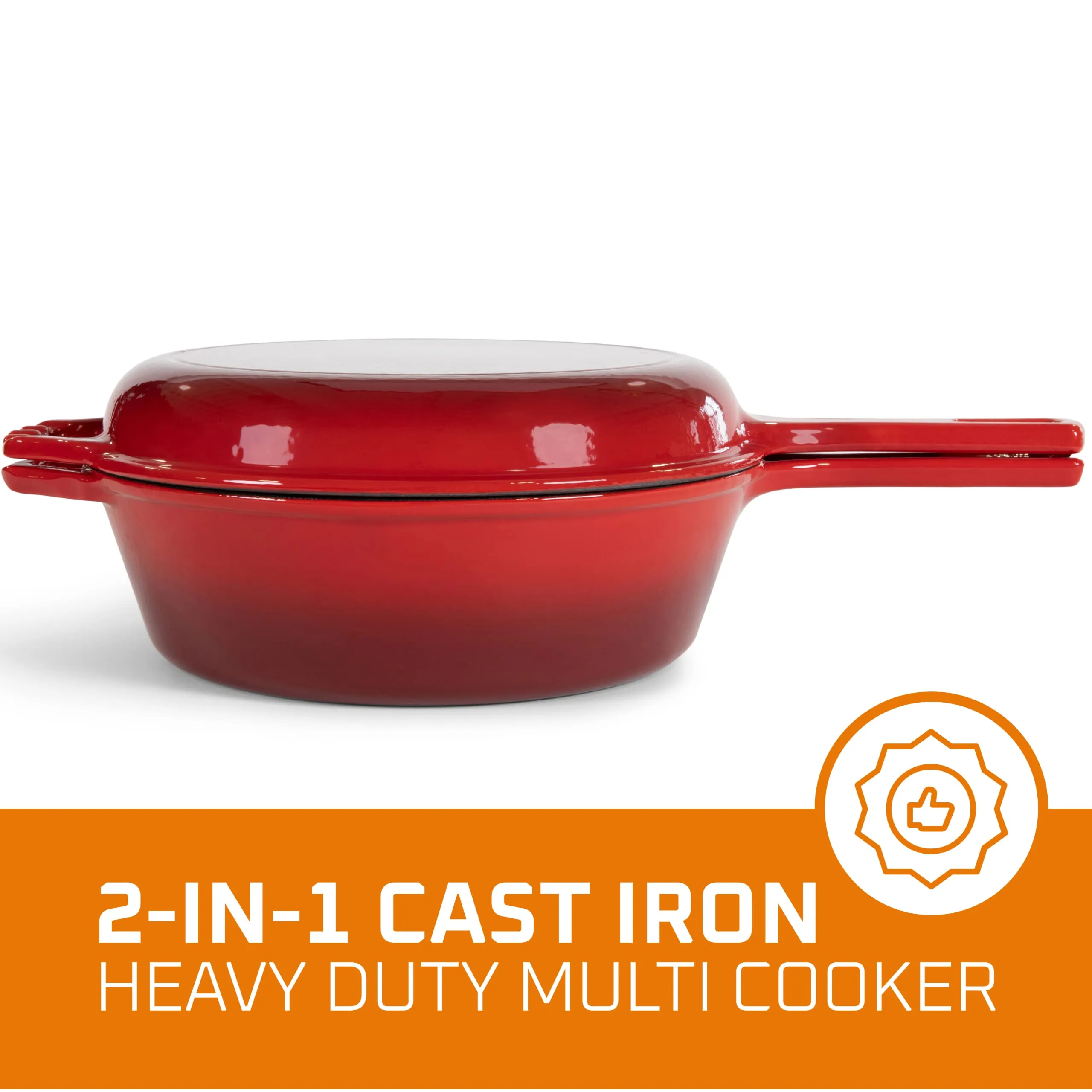 Enameled Red 2-In-1 Cast Iron Multi-Cooker By Heavy Duty 3 Quart Deep Skillet And Lid