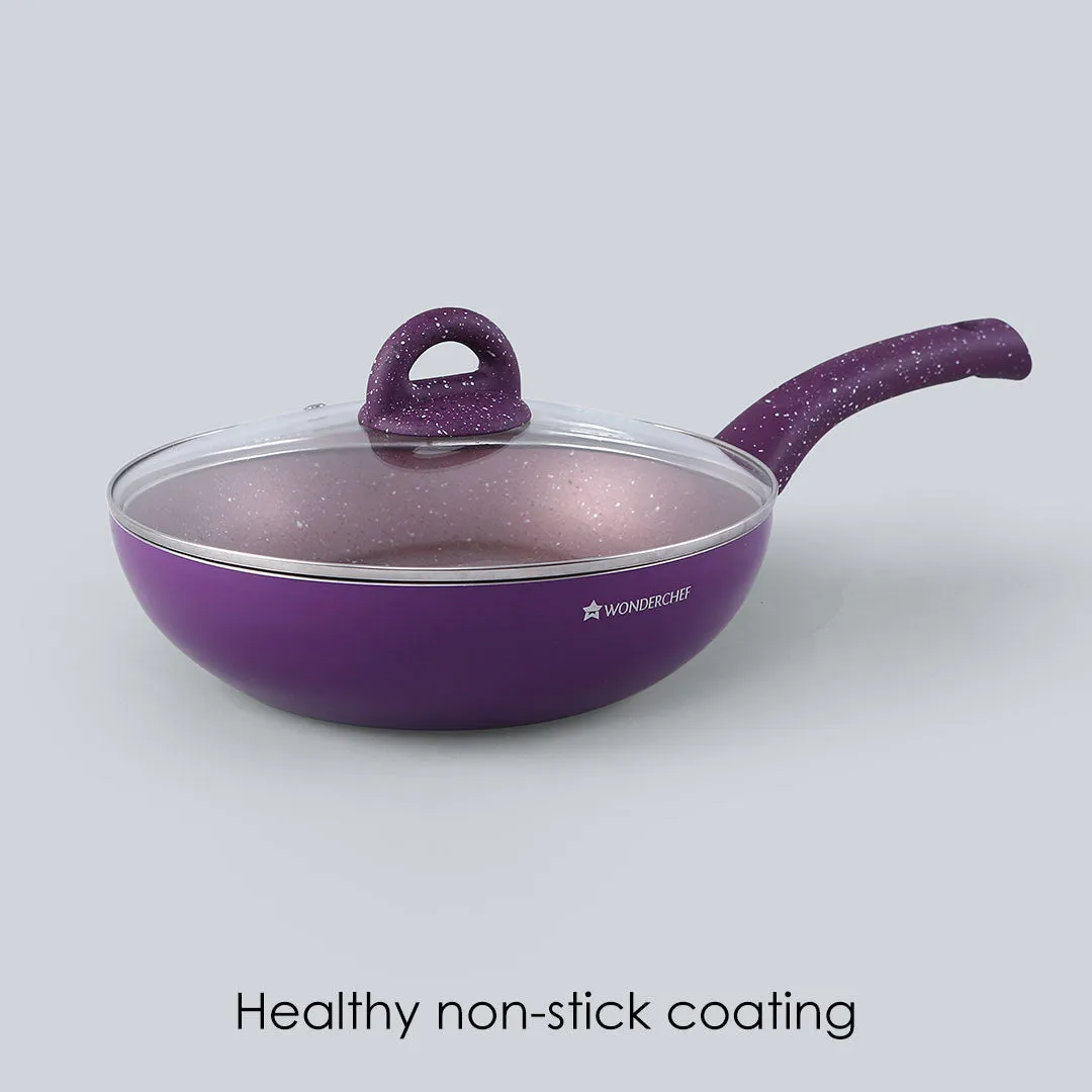 Granite Non-Stick Wok | Glass Lid | Induction Bottom | Soft-Touch Handles | Virgin Aluminium | PFOA and Heavy Metals Free | 3.5mm Thick| 24cm, 2.7 litres | 2 Year Warranty | Purple