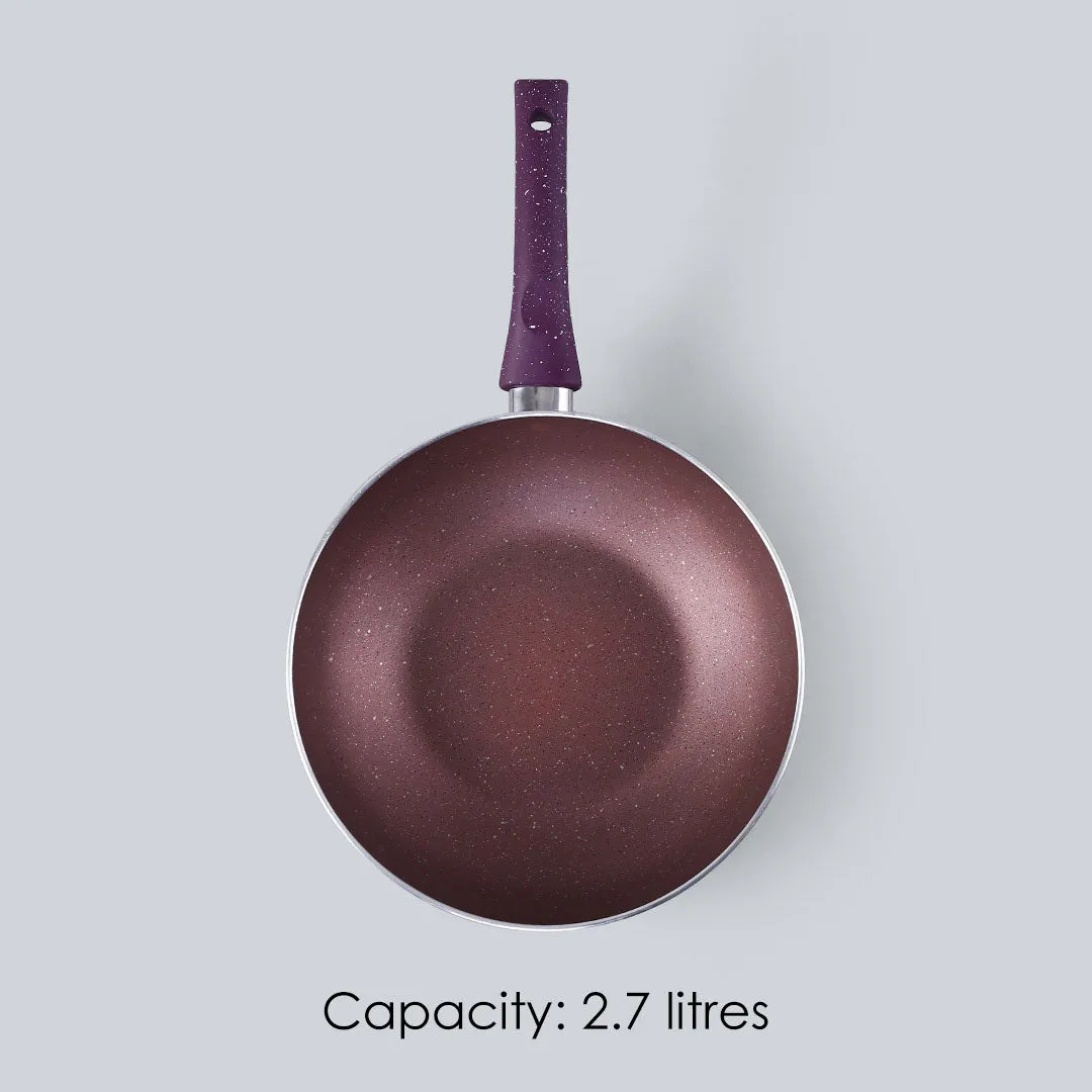 Granite Non-Stick Wok | Glass Lid | Induction Bottom | Soft-Touch Handles | Virgin Aluminium | PFOA and Heavy Metals Free | 3.5mm Thick| 24cm, 2.7 litres | 2 Year Warranty | Purple