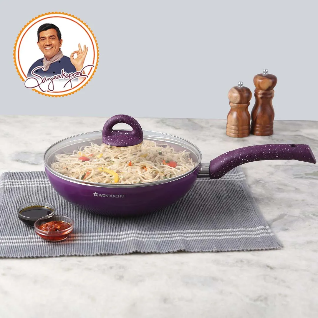 Granite Non-Stick Wok | Glass Lid | Induction Bottom | Soft-Touch Handles | Virgin Aluminium | PFOA and Heavy Metals Free | 3.5mm Thick| 24cm, 2.7 litres | 2 Year Warranty | Purple