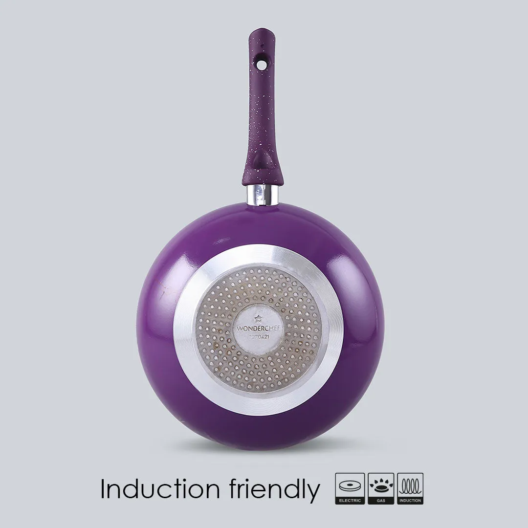 Granite Non-Stick Wok | Glass Lid | Induction Bottom | Soft-Touch Handles | Virgin Aluminium | PFOA and Heavy Metals Free | 3.5mm Thick| 24cm, 2.7 litres | 2 Year Warranty | Purple