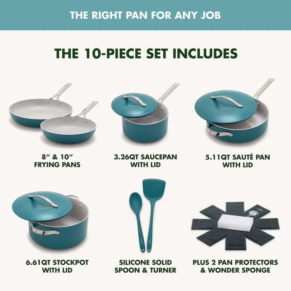 GreenPan Nova 10pc Ceramic Nonstick Aluminum Cookware Set Deep Teal