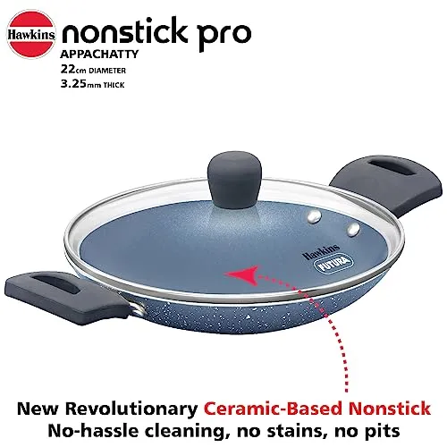 Hawkins Nonstick Pro 0.9 Litre Appachatty, Mini Kadhai, Appachatti, Appachetty, Appam Pot Maker, Deep Fry Pan with Glass Lid, Granite Kadai