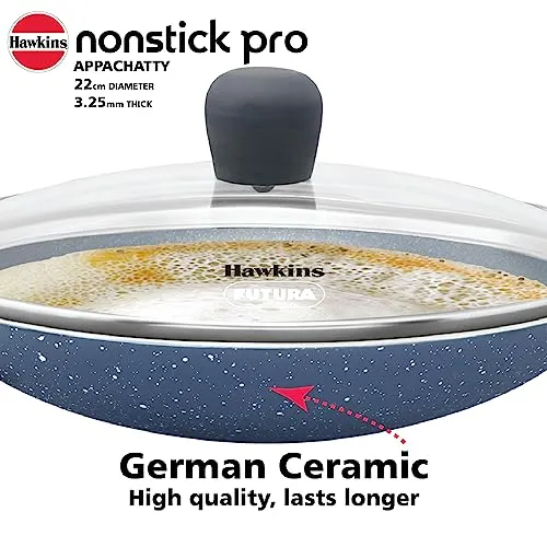 Hawkins Nonstick Pro 0.9 Litre Appachatty, Mini Kadhai, Appachatti, Appachetty, Appam Pot Maker, Deep Fry Pan with Glass Lid, Granite Kadai