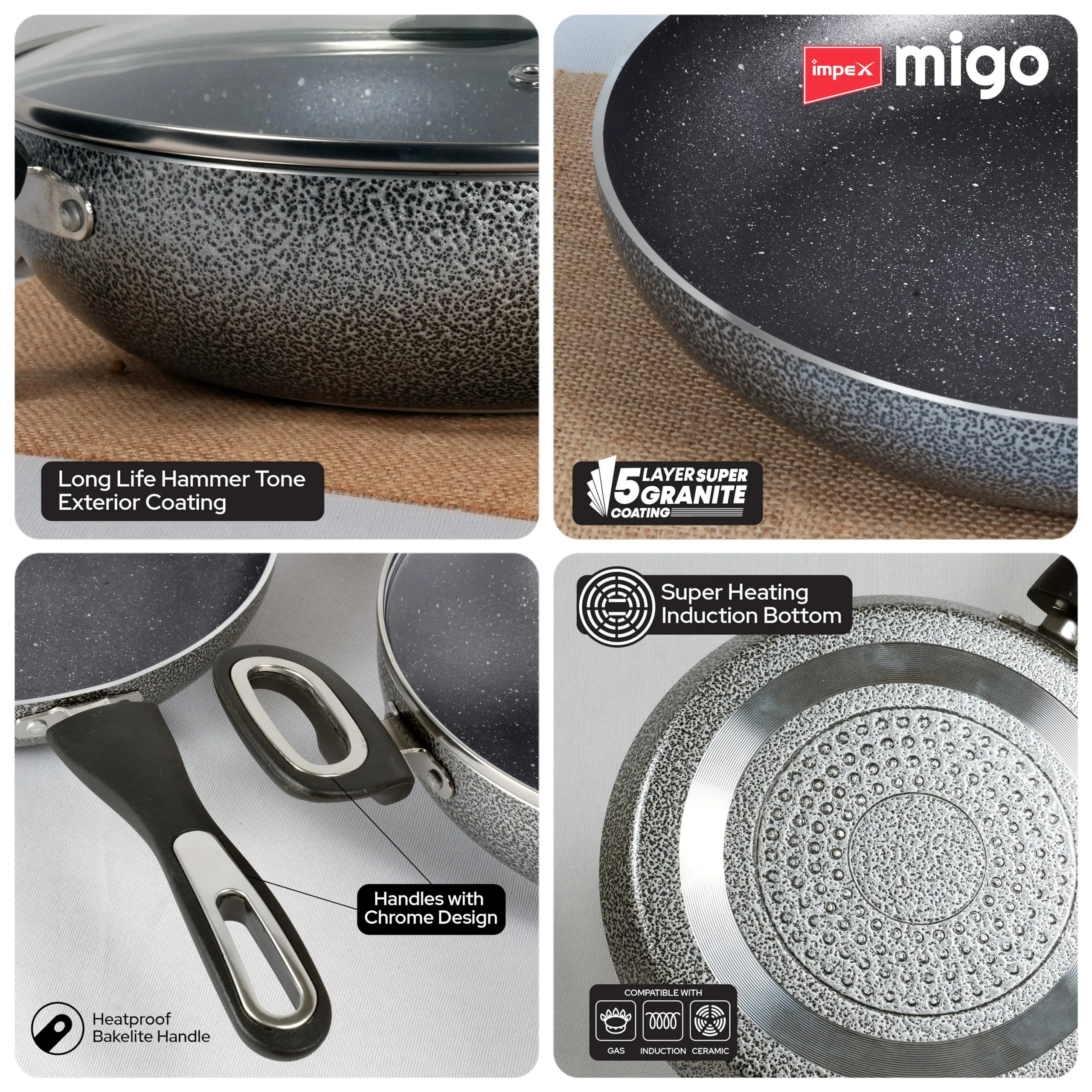 Impex Aluminium Migo Nonstick Granite 6 Pcs Induction Bottom Cookware Set 3 Mm Thick,Festival Gift Set Mfkt 6,5-Layer Super Granite Coated Cookware Set,Hammer Tone Exterior Finish,1 Yr Warranty, Grey