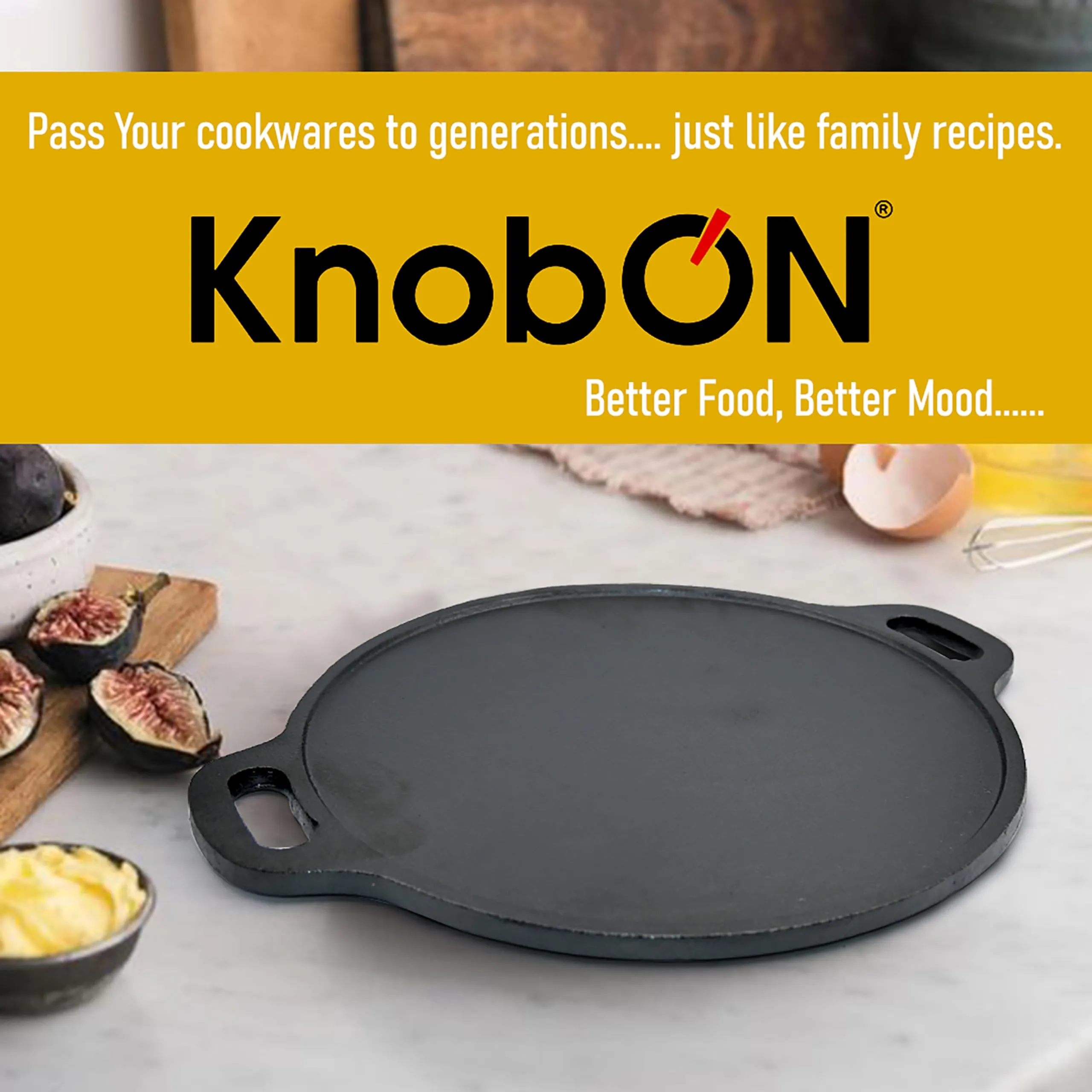 KNOBON Pre-Seasoned Cast Iron Flat Dosa/Roti/Chapati Tawa Pan with 2 Side Handle, Dosa Kallu, Iron Tawa Big Size Non-Toxic Cookware Utensi| Gas and Induction Compatible | 30 cm