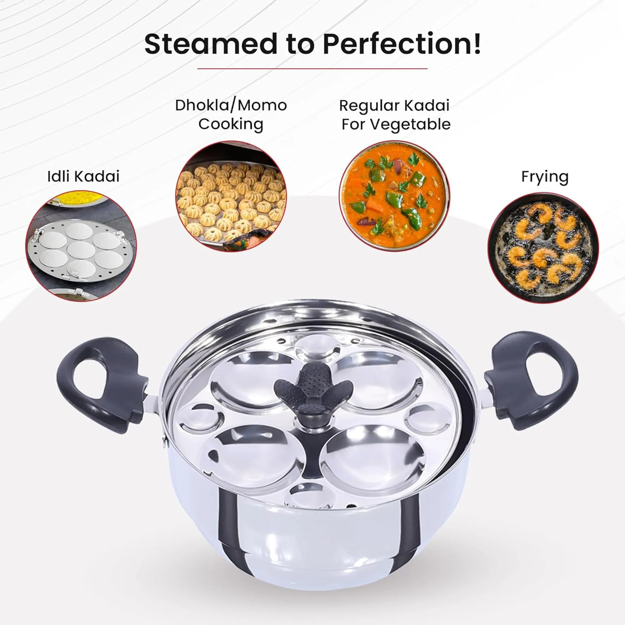 Kuber Industries Stainless Steel 5-in-1 Multi Kadai for Idli, Dhokla, Mini Idlies, Modaks | Includes 3 Idly Plates, 1 Steamer Plate, 1 Dhokla Plate & 1 Multi Kadai with Lid | Silver