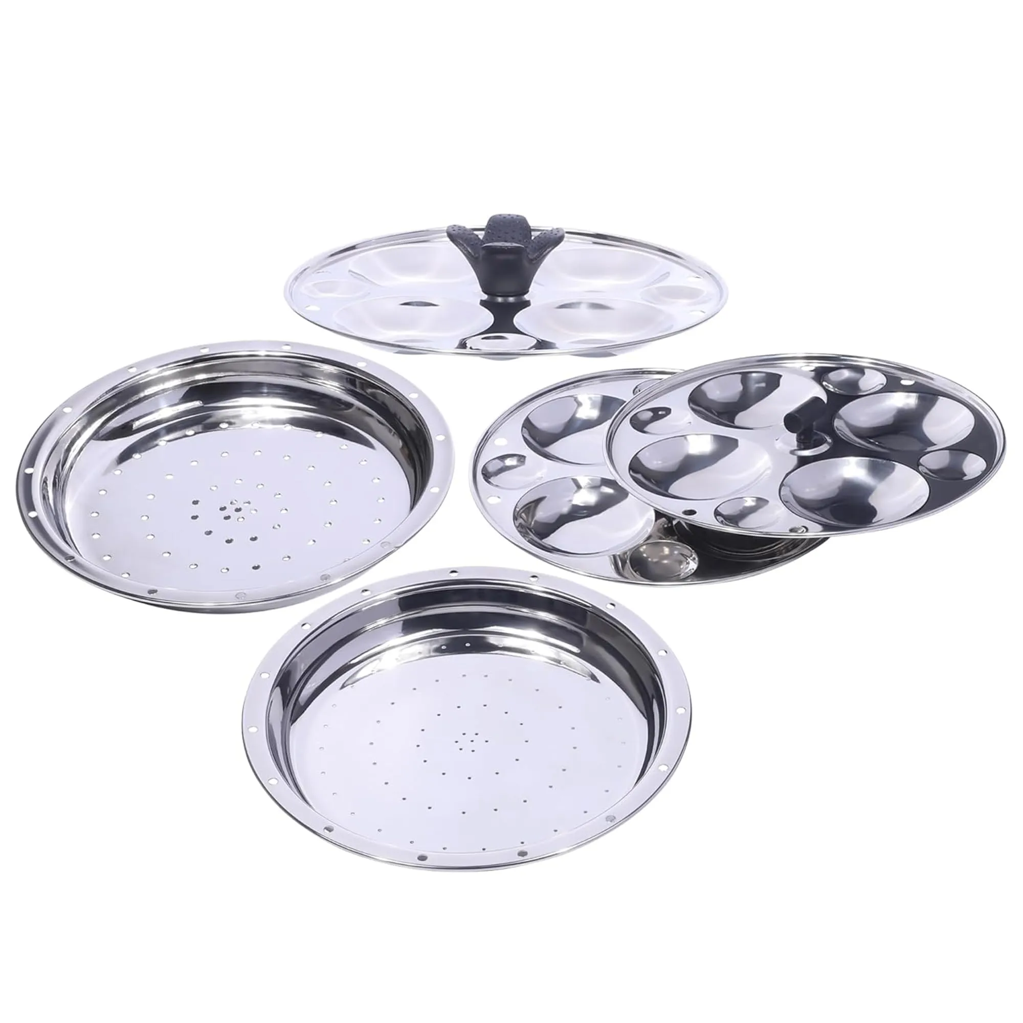 Kuber Industries Stainless Steel 5-in-1 Multi Kadai for Idli, Dhokla, Mini Idlies, Modaks | Includes 3 Idly Plates, 1 Steamer Plate, 1 Dhokla Plate & 1 Multi Kadai with Lid | Silver