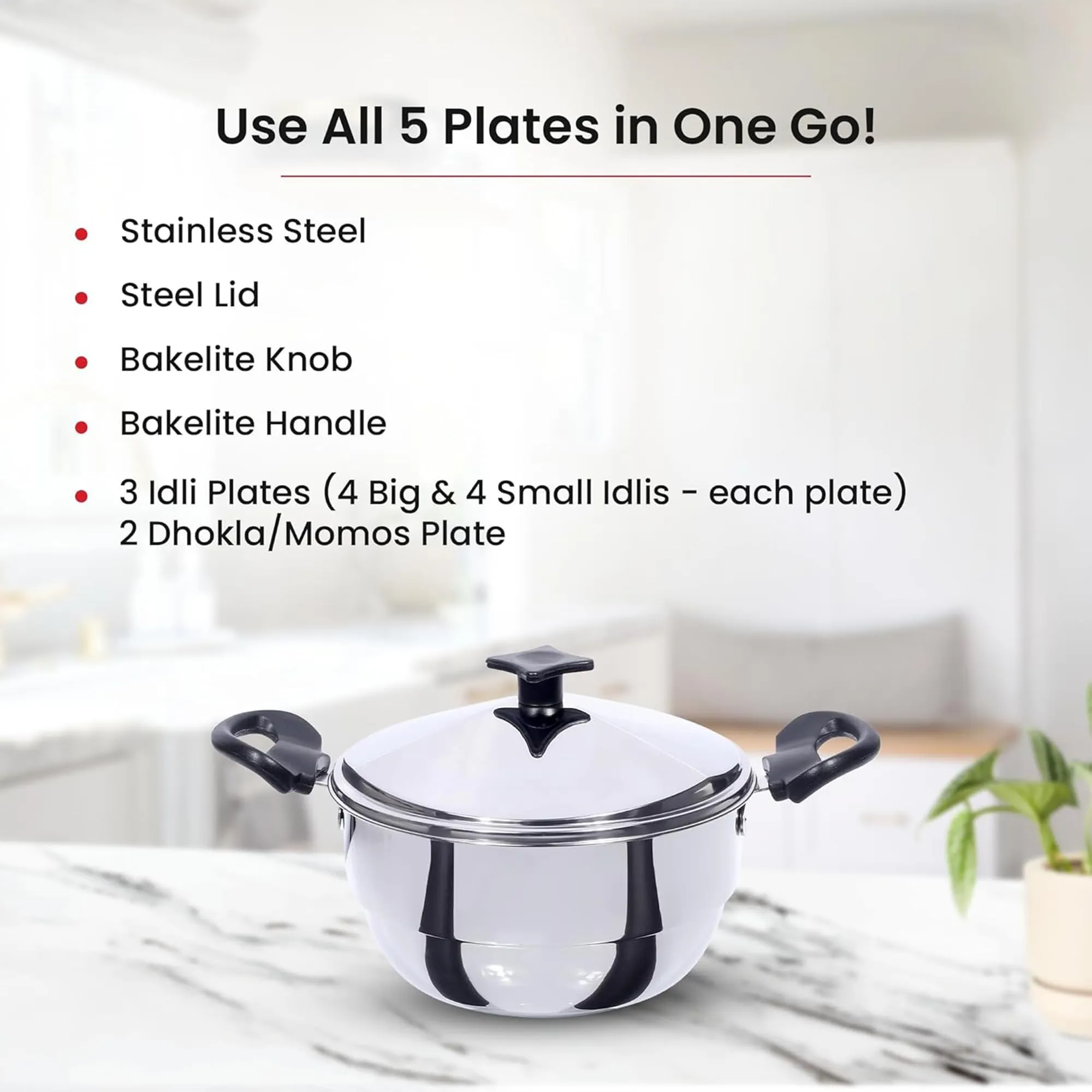 Kuber Industries Stainless Steel 5-in-1 Multi Kadai for Idli, Dhokla, Mini Idlies, Modaks | Includes 3 Idly Plates, 1 Steamer Plate, 1 Dhokla Plate & 1 Multi Kadai with Lid | Silver