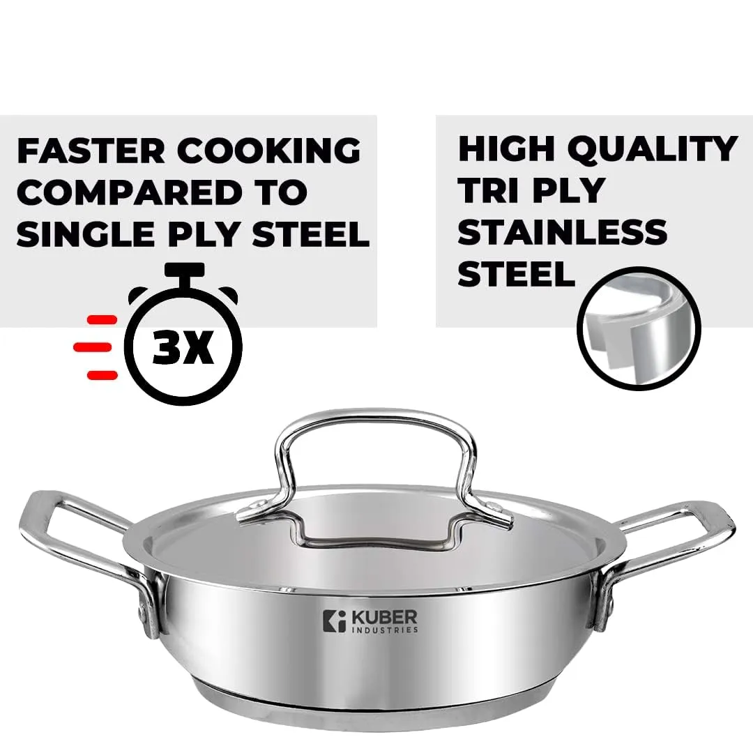 Kuber Industries Tri-ply Stainless Steel Kadhai with lid I Induction Base I 2 litres Capacity I 20cm Diameter I Extra Deep Frying Pan I Riveted Handles (Pack of 6)