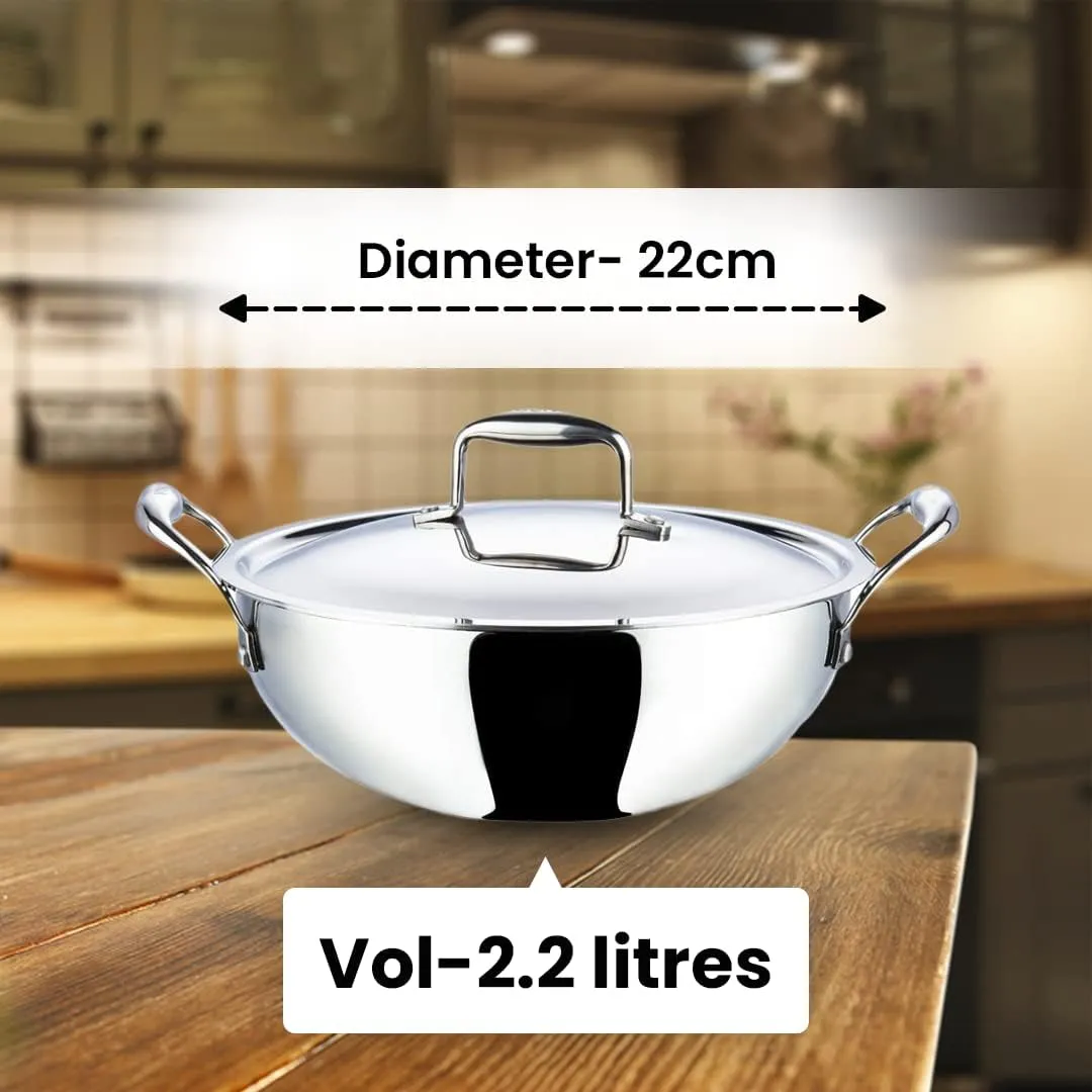 Kuber Industries Tri-ply Stainless Steel Kadhai with lid I Induction Base I 2.2 litres Capacity I 22cm Diameter I Extra Deep Frying Pan I Riveted Handles