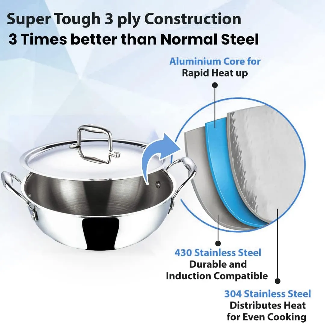 Kuber Industries Tri-ply Stainless Steel Kadhai with lid I Induction Base I 2.2 litres Capacity I 22cm Diameter I Extra Deep Frying Pan I Riveted Handles