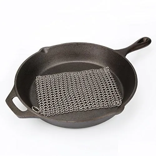 LauKingdom Cast Iron Cleaner - XXL 8x8 More Efficient Stainless Steel Chainmail Scrubber