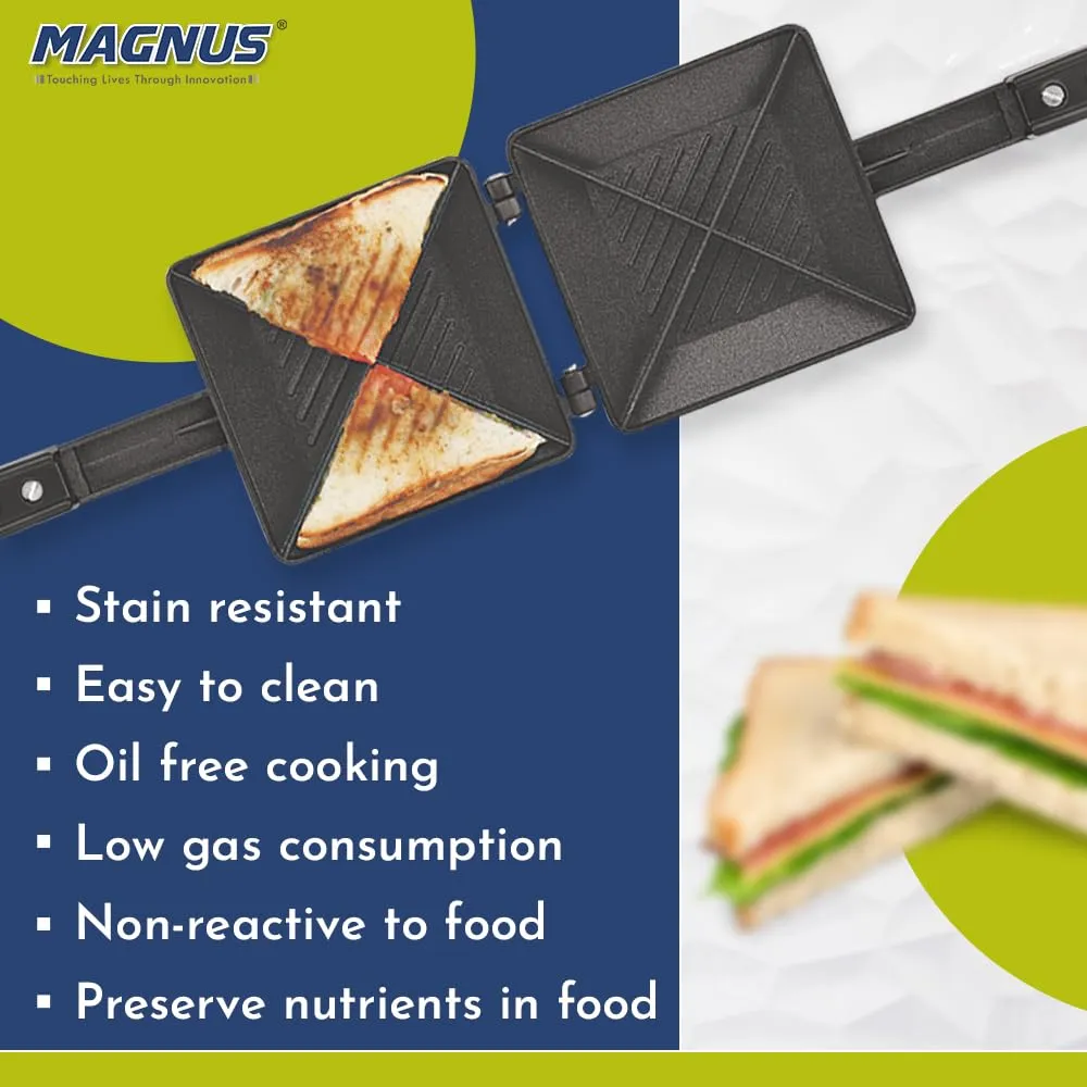 Magnus Optima Aluminum Toaster for Gas Stoves - Quick Heat-Up, Uniform Cooking, PFOA-Free Non-Stick, Easy Release, Ergonomic Bakelite Handle, 4-Cut Sandwich Maker