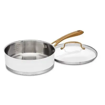 New - Cuisinart Classic 3.5qt Stainless Steel Saute Pan with Cover and Brushed Gold Handles Matte White