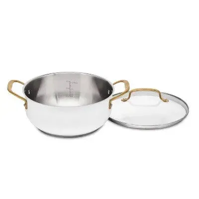 New - Cuisinart Classic 4.5qt Stainless Steel Dutch Oven with Cover and Brushed Gold Handles Matte White