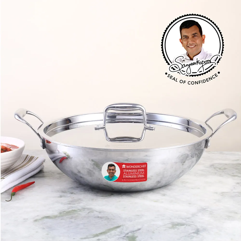 Nigella Tri-ply Stainless Steel 20 cm Kadhai with Lid | 1.5 Litres | 2.6mm Thickness | Kadhai with Induction base | Compatible with all cooktops | Riveted Cool-Touch Handle | 10 Year Warranty