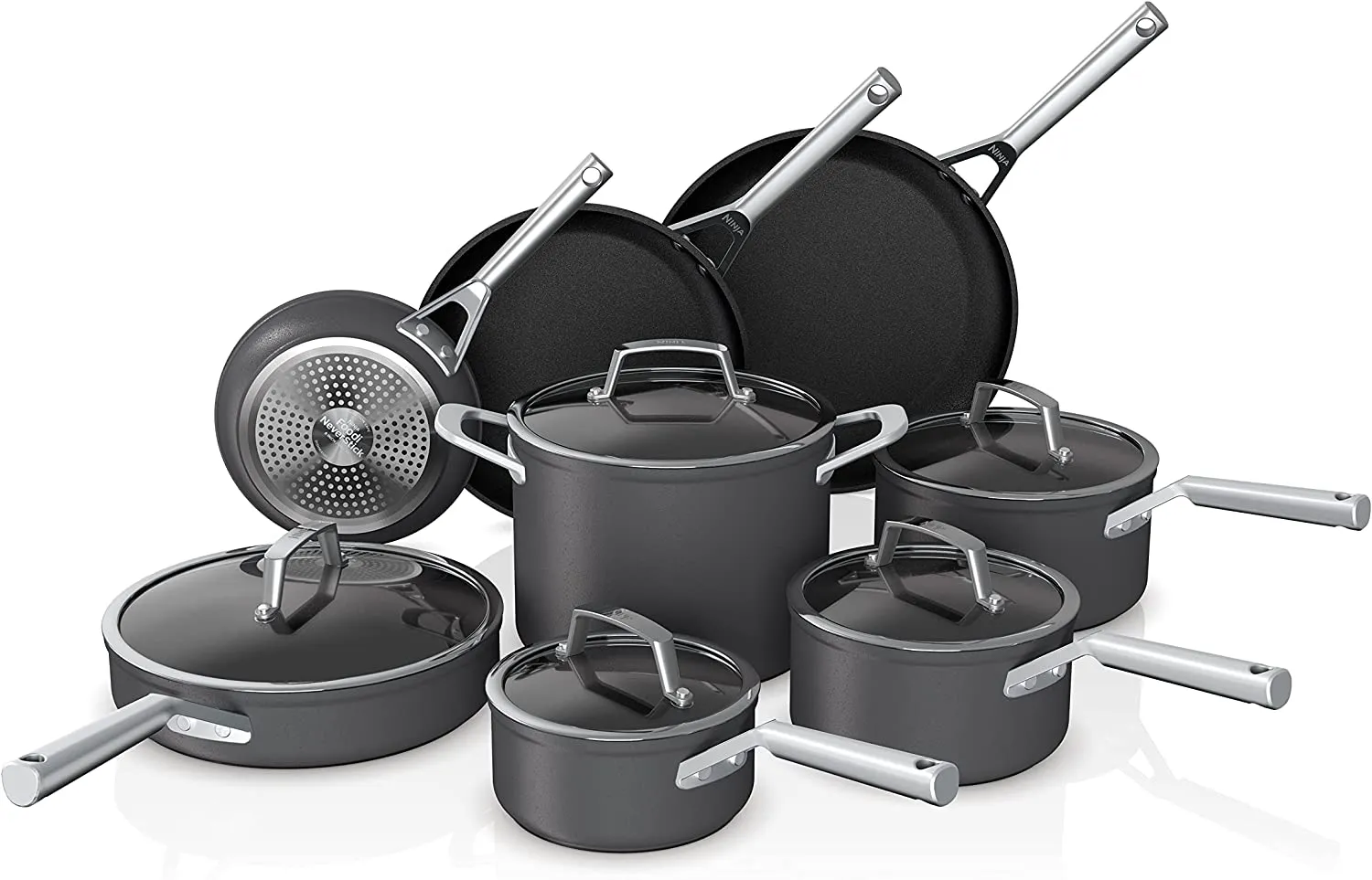 Ninja C39600 Foodi NeverStick Premium Hard-Anodized 13-Piece Cookware Set, Guaranteed to Never Stick, Nonstick, Durable, Oven Safe to 500??F, Grey