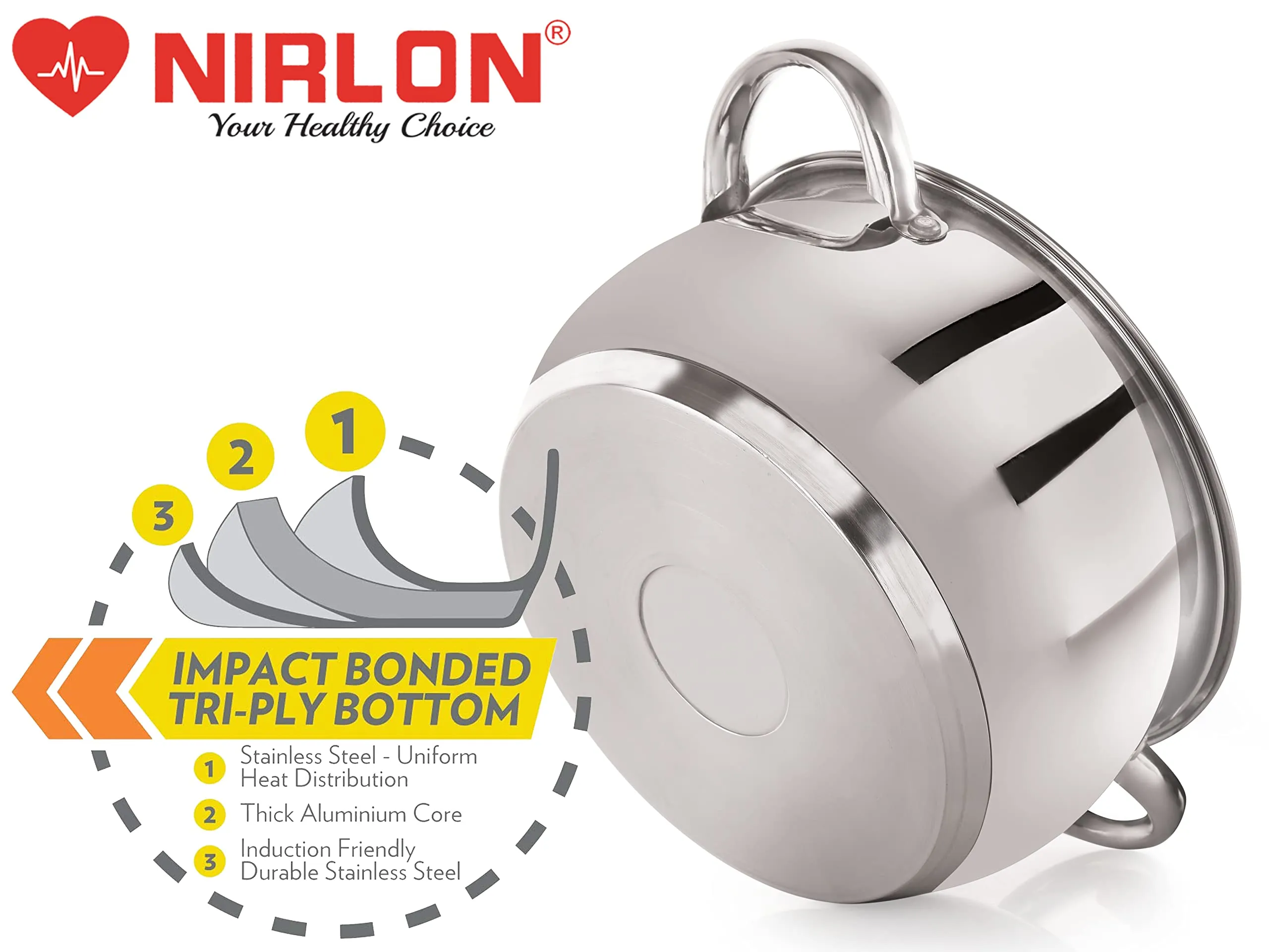 NIRLON Deluxe Series Stainless Steel Impact Bonded Tri Ply Bottom Induction Handi Casserole with Steel Lid, 18 cm / 2.9 litres, Dishwasher Safe | Flame Safe | Gas Stove Safe | Hot Plate Safe