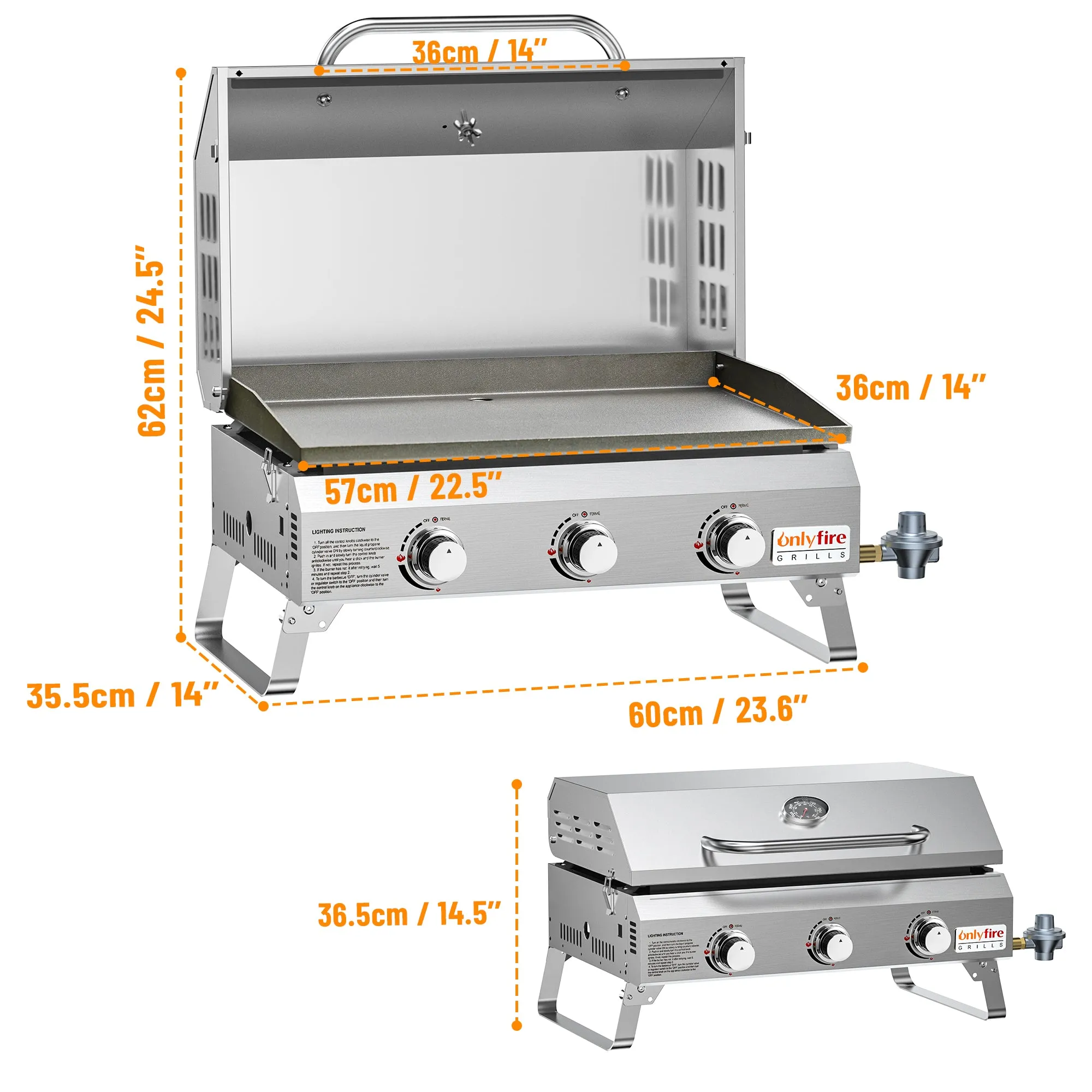 Onlyfire Tabletop Gas Griddle Grill with Lid, 3-Burner