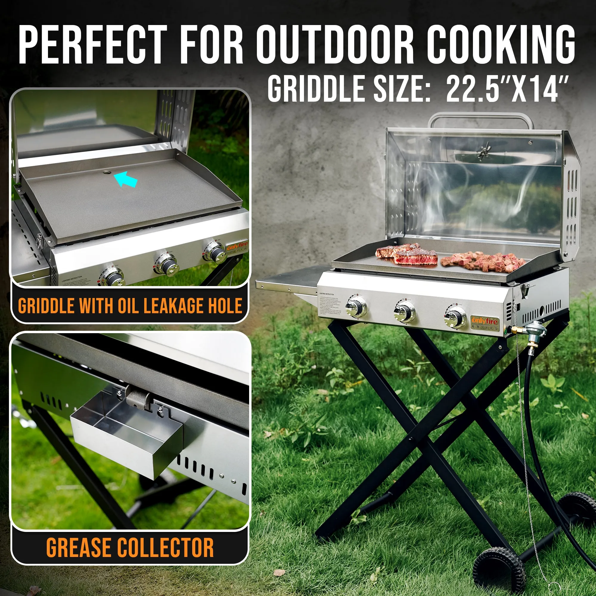 Onlyfire Tabletop Gas Griddle Grill with Lid, 3-Burner