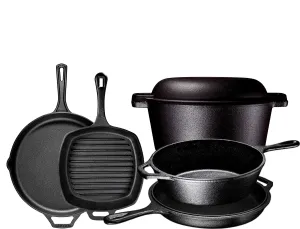 Pre Seasoned Cast Iron 7 Piece Bundle Gift Set, Multi Cooker, Rectangular grill Pan, Wok